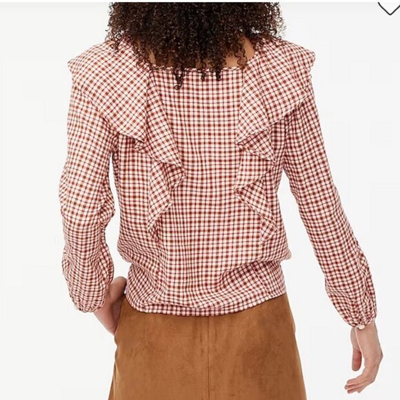 J. Crew Gingham Plaid Squareneck Ruffle Top, Red and Cream, XL - Picture 3 of 8
